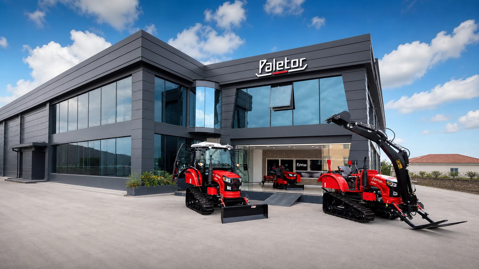 Paletor showroom önünde paletli traktör modelleri